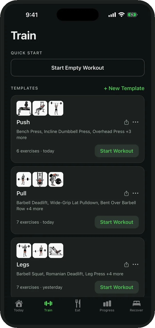 Train screen with Push, Pull and Legs templates and a start workout button